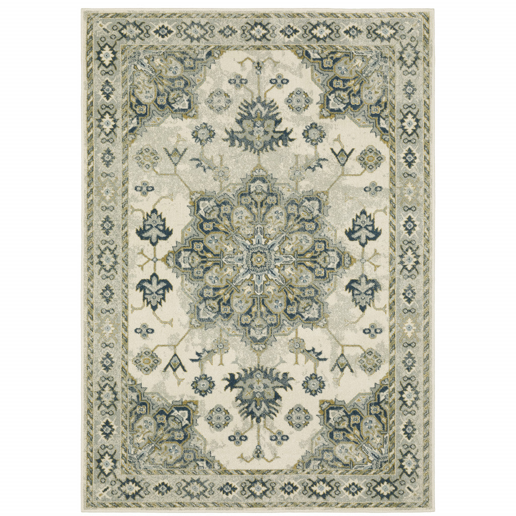 5' X 7' Ivory Blue Teal Grey And Olive Green Oriental Power Loom Stain Resistant Area Rug