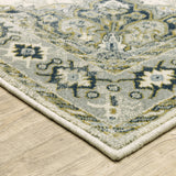 5' X 7' Ivory Blue Teal Grey And Olive Green Oriental Power Loom Stain Resistant Area Rug