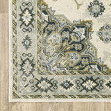 6' X 9' Ivory Blue Teal Grey And Olive Green Oriental Power Loom Stain Resistant Area Rug