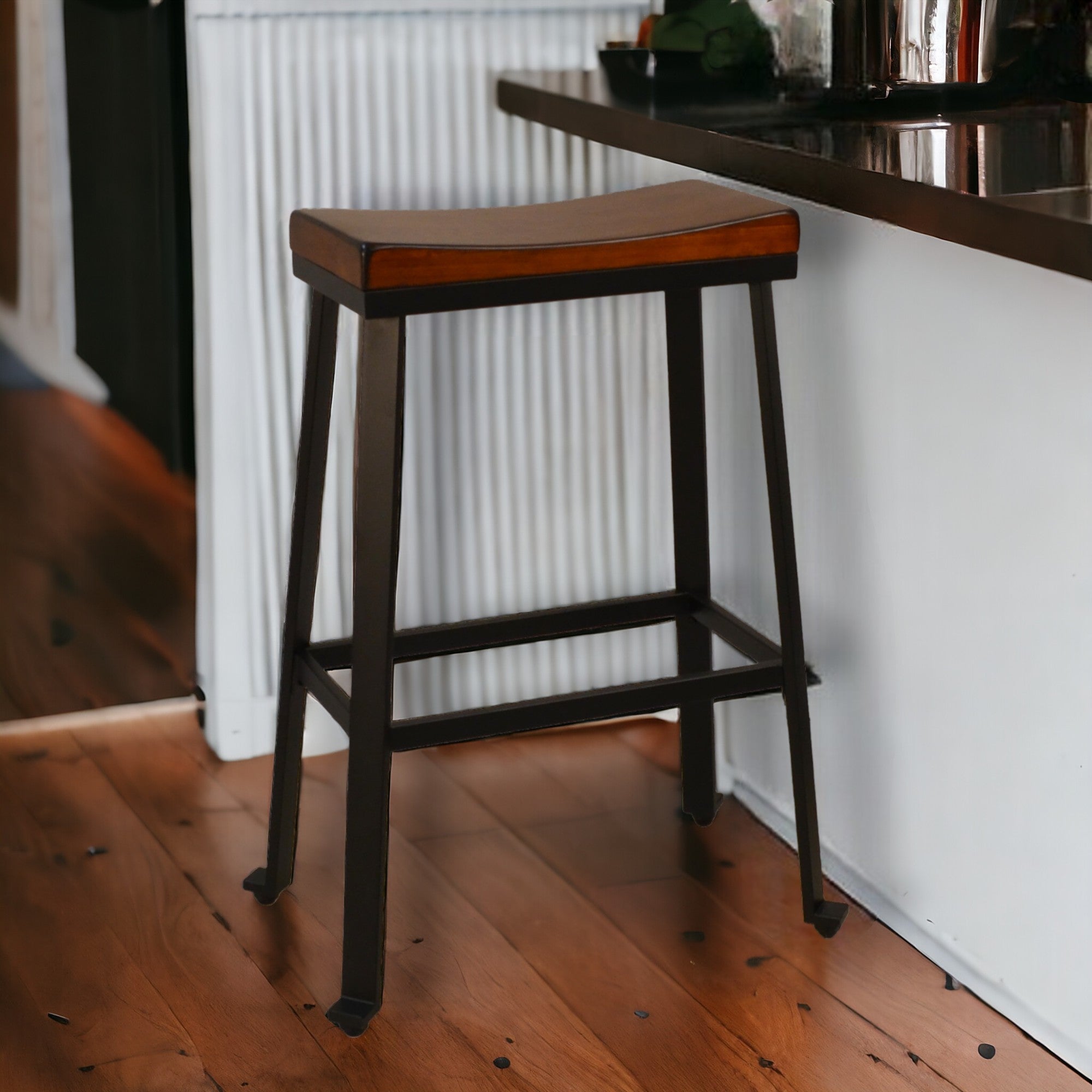 30" Chestnut And Black Steel Backless Bar Height Bar Chair