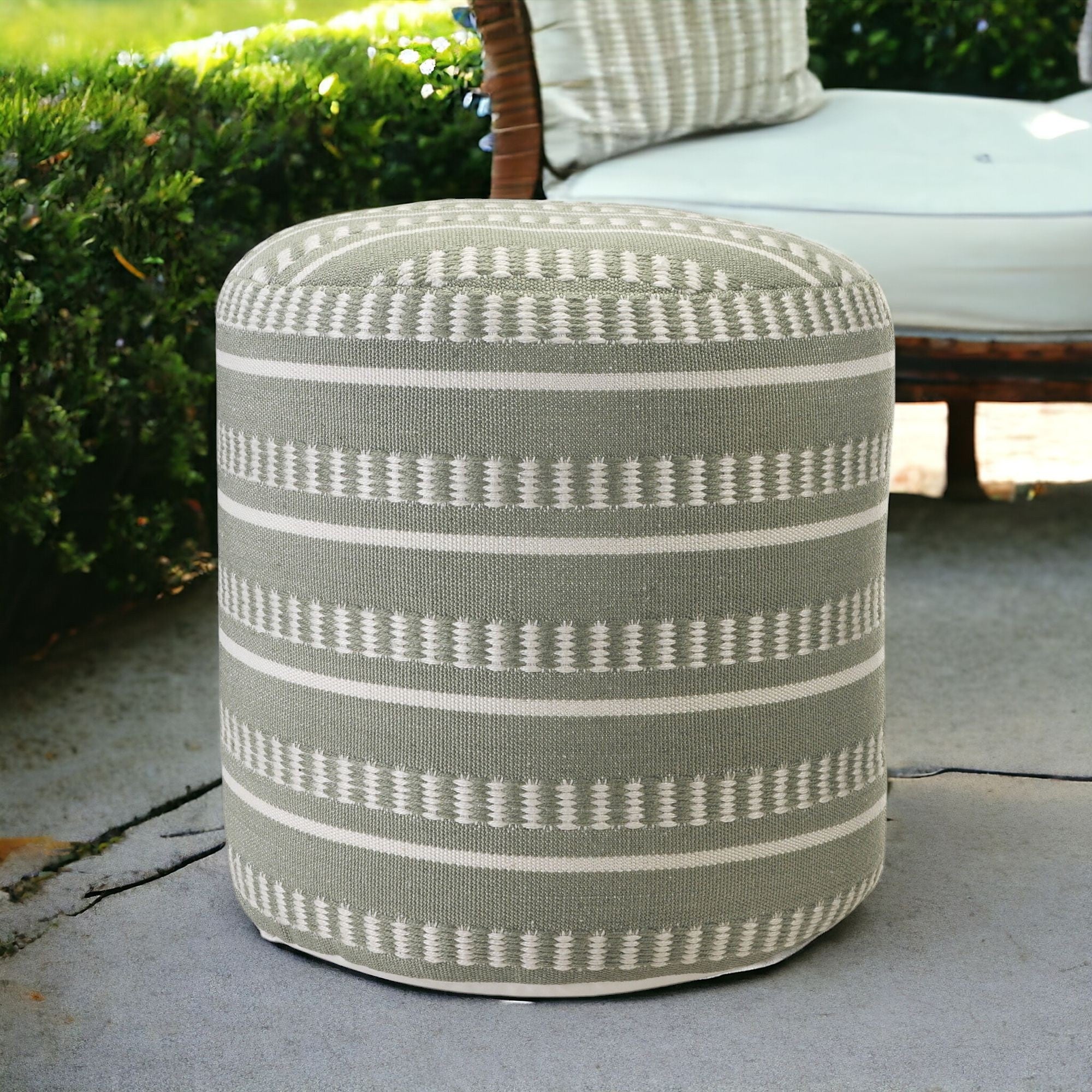 20" Brown Polyester Round Striped Indoor Outdoor Pouf Ottoman