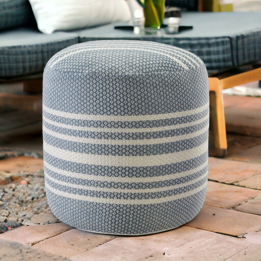 20" Blue Polyester Round Striped Indoor Outdoor Pouf Ottoman