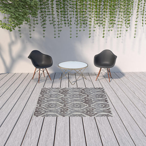 5' X 7' Blue And Gray Damask Indoor Outdoor Area Rug