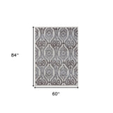 5' X 7' Blue And Gray Damask Indoor Outdoor Area Rug