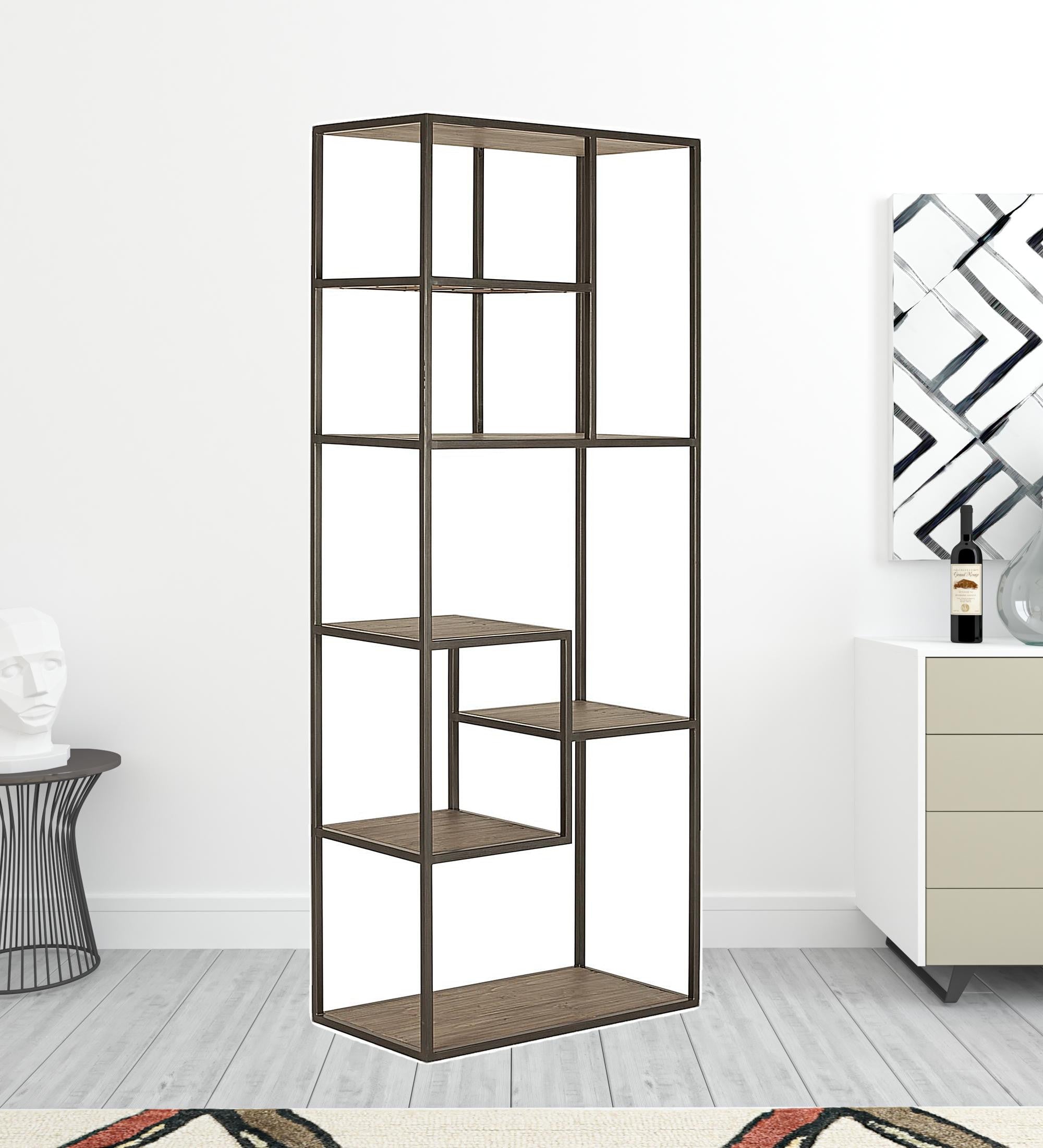 79" Reclaimed Wood and Metal Seven Tier Asymmetrical Bookcase