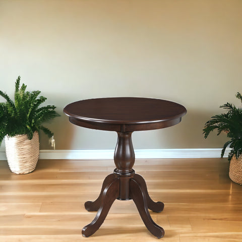 30" Dark Brown Round Turned Pedestal Base Wood Dining Table