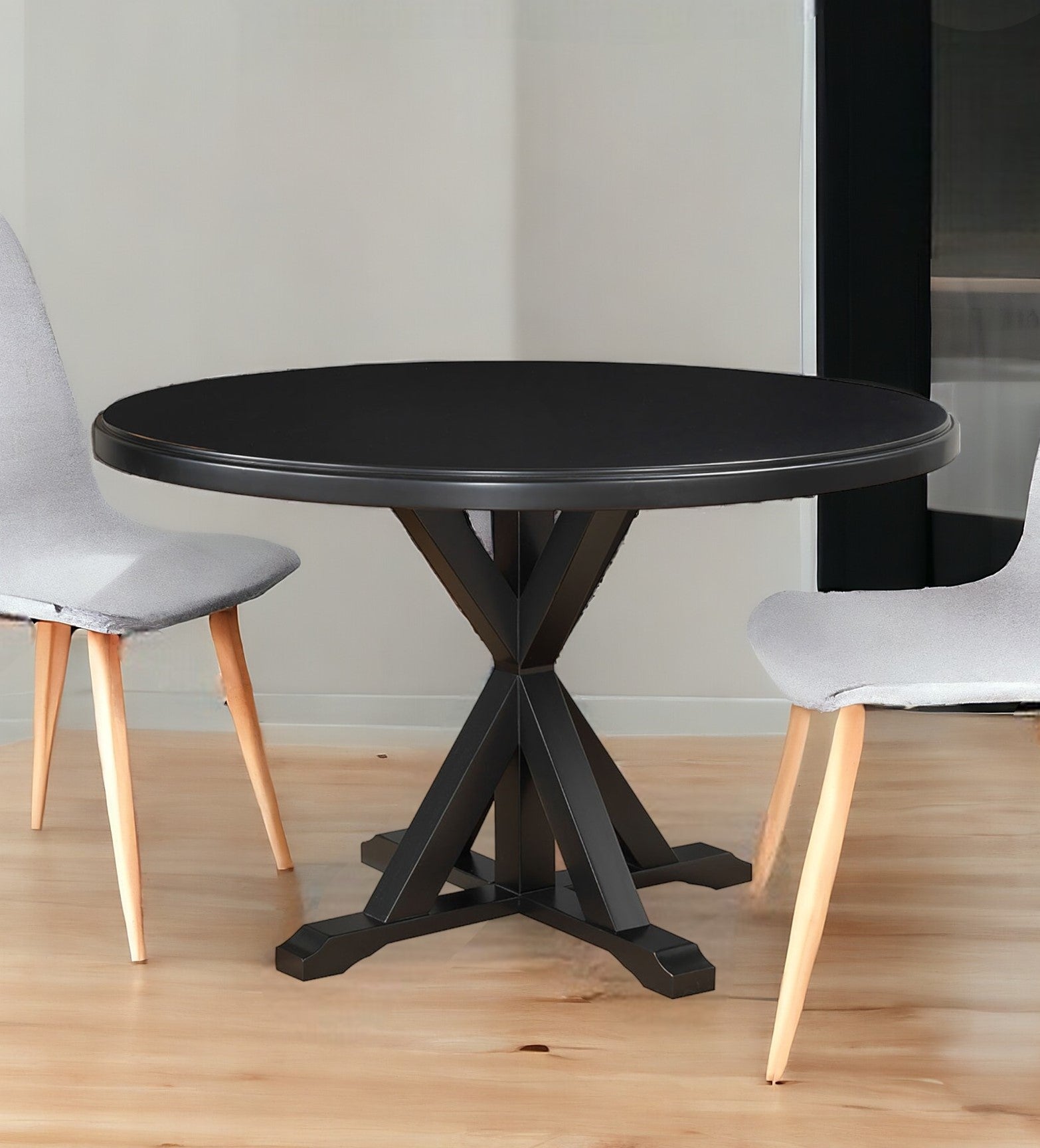 48" Antique Black Round X Pedestal Base Wood Dining Table