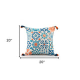 20" X 20" Blue Zippered Geometric Indoor Outdoor Throw Pillow