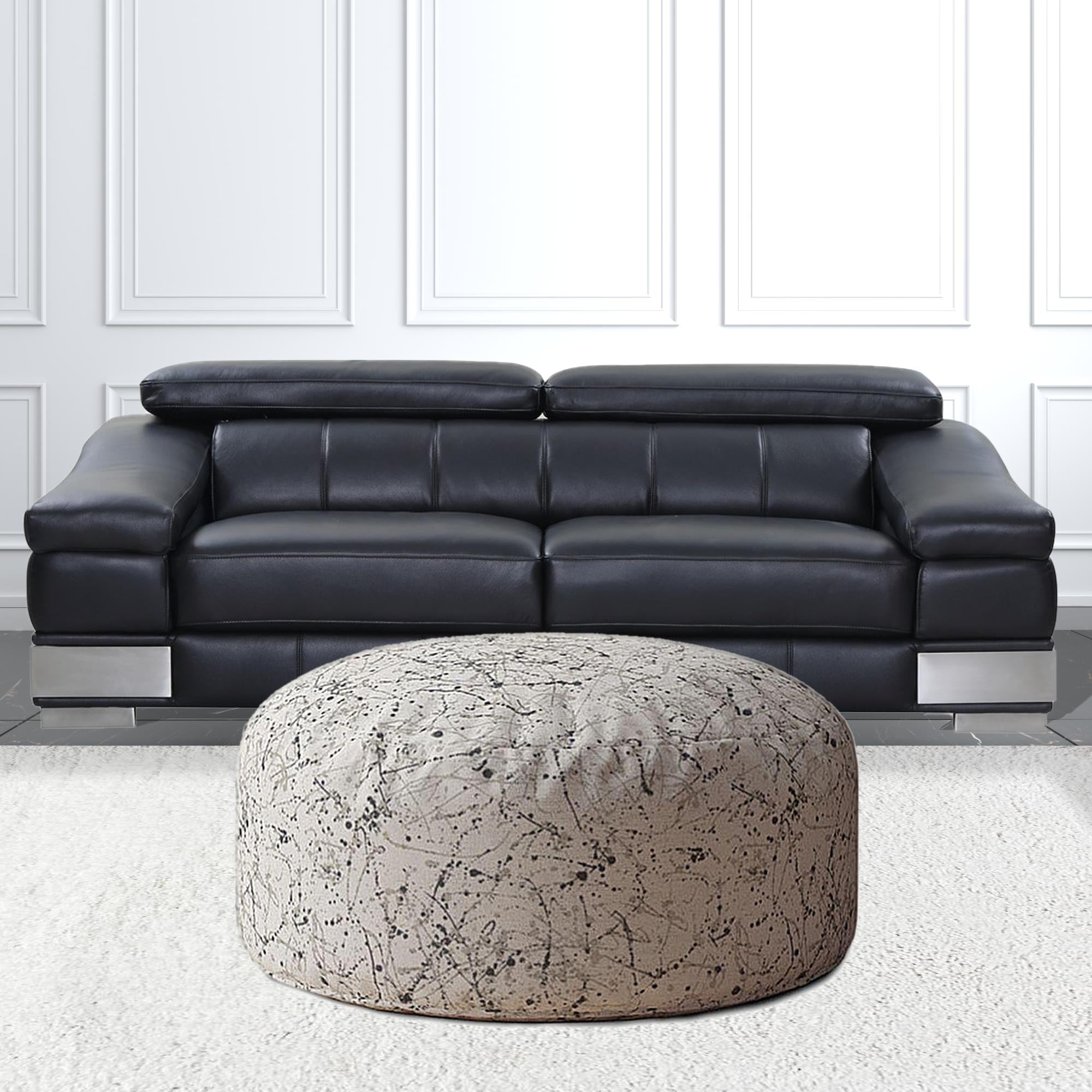 24" Beige Flax Round Abstract Pouf Ottoman