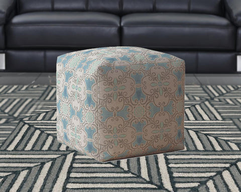 17" Blue Flax Ikat Pouf Ottoman