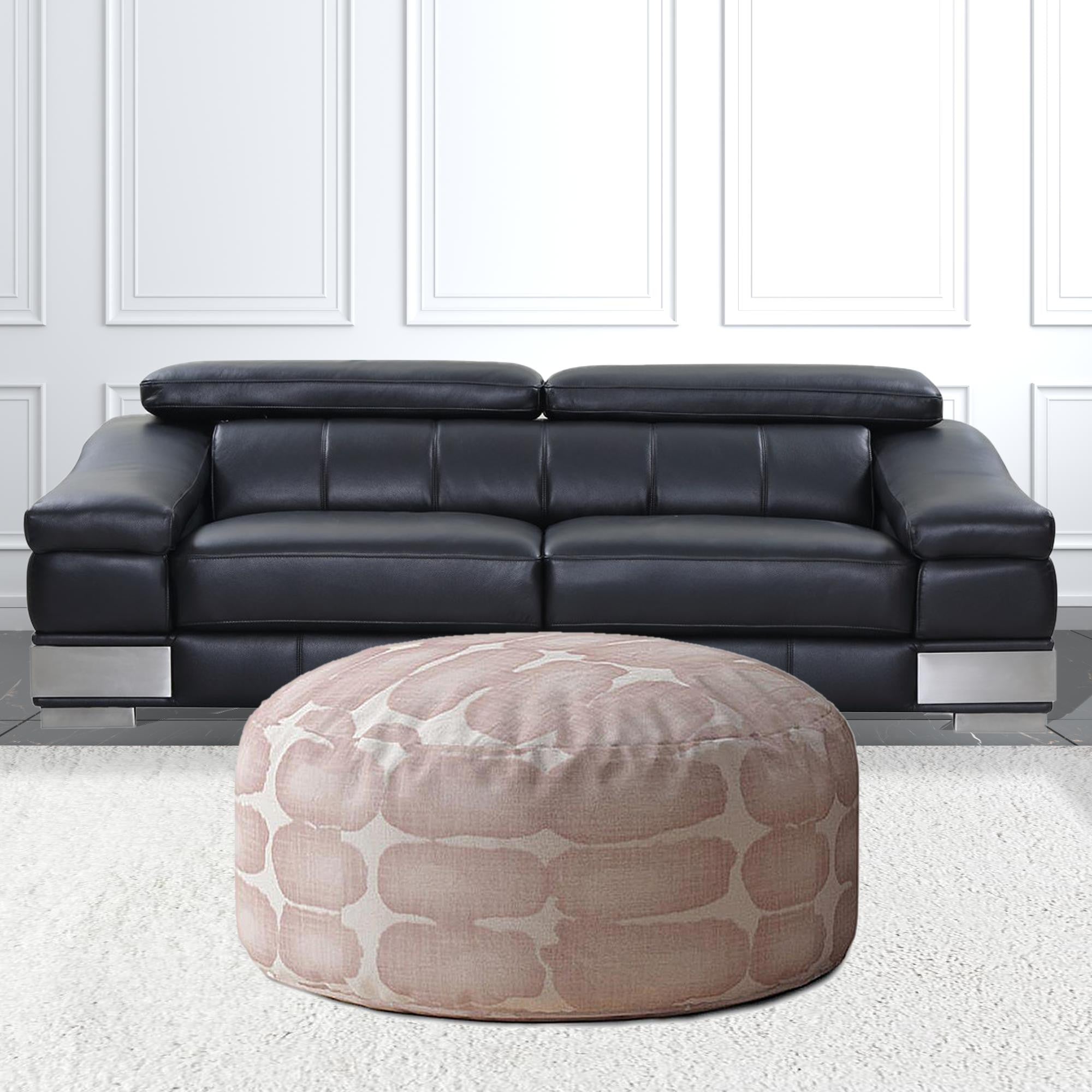 24" Pink And White Canvas Round Abstract Pouf Ottoman