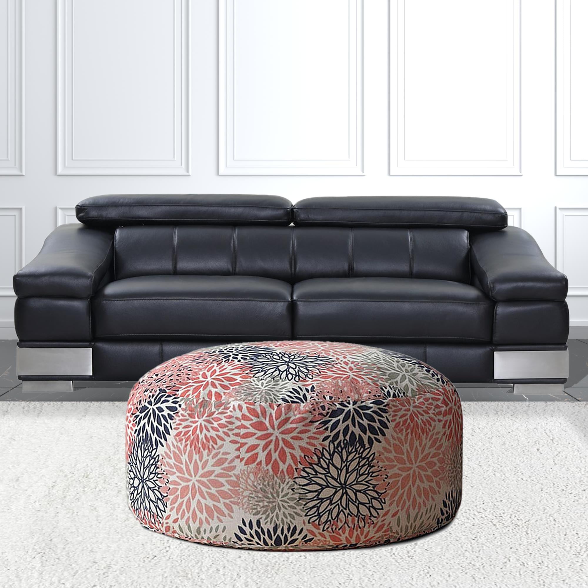 24" Coral Polyester Round Floral Pouf Ottoman