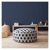 24" Blue And White Canvas Round Polka Dots Pouf Ottoman