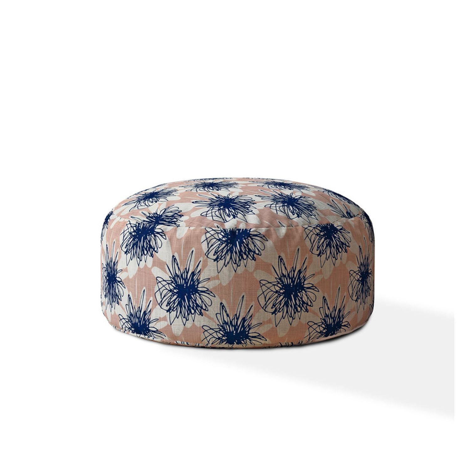 24" Pink And Blue Canvas Round Floral Pouf Ottoman