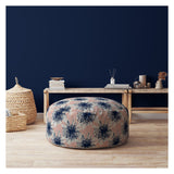 24" Pink And Blue Canvas Round Floral Pouf Ottoman