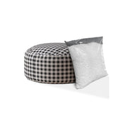 24" Gray And Black Cotton Round Gingham Pouf Ottoman
