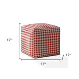 17" Red And White Cotton Gingham Pouf Ottoman