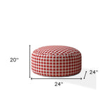 24" Red And White Cotton Round Gingham Pouf Ottoman