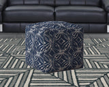 17" Blue And White Canvas Damask Pouf Ottoman