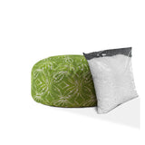 24" Green And White Cotton Round Damask Pouf Ottoman