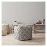 17" Gray Canvas Floral Pouf Ottoman