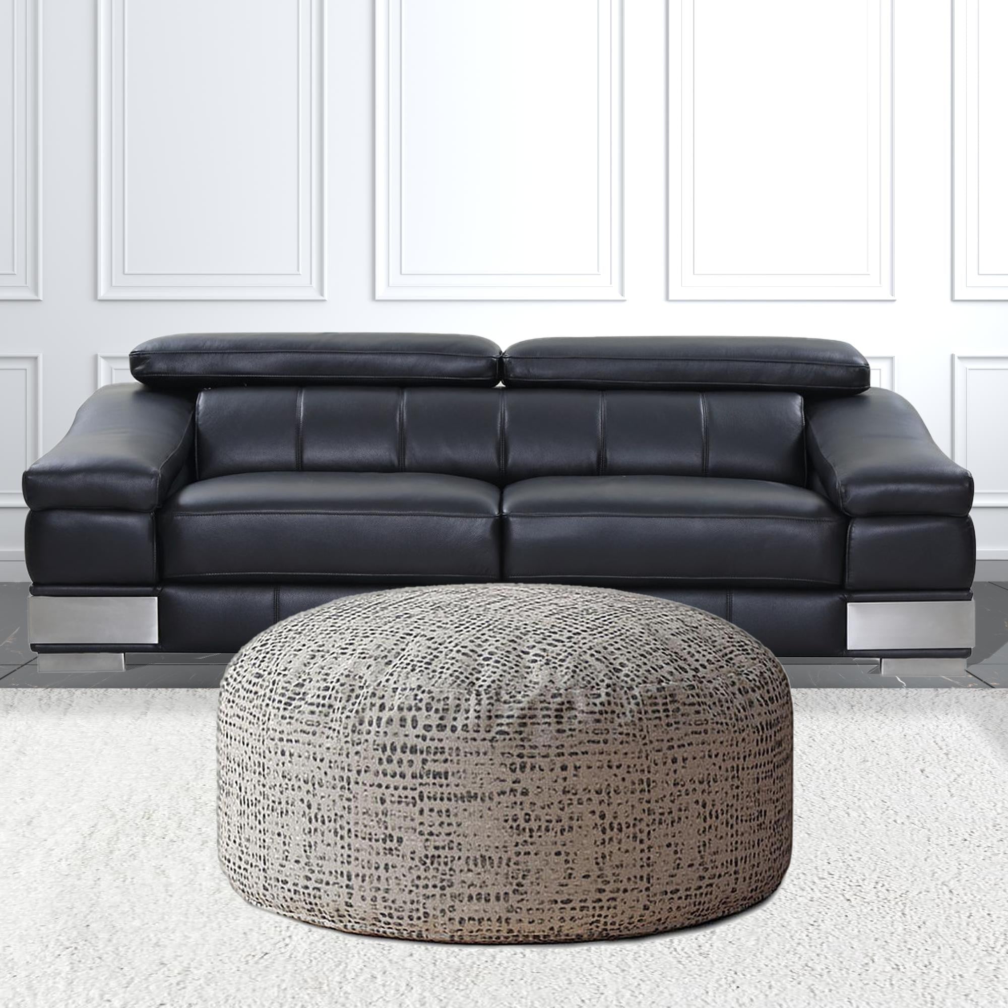 24" Beige Canvas Round Abstract Pouf Ottoman