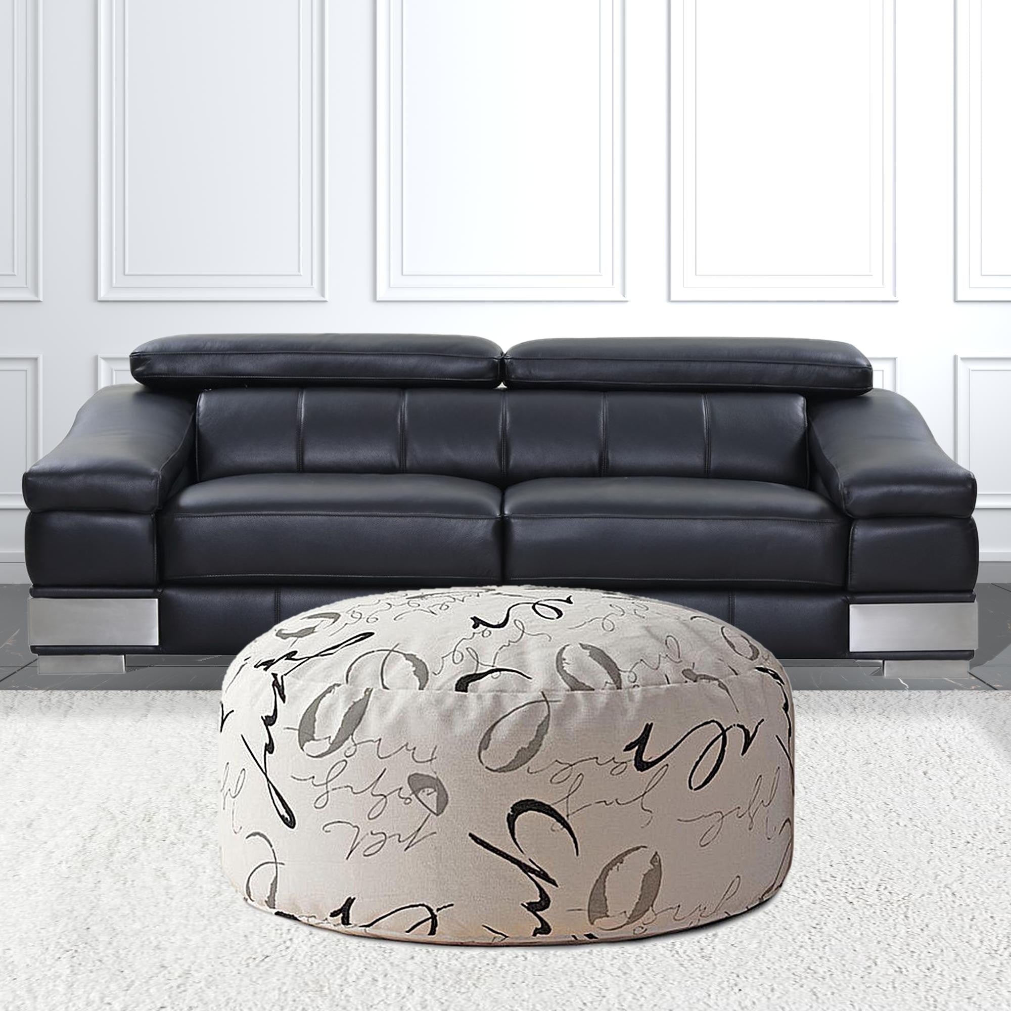 24" Black Polyester Round Abstract Pouf Ottoman