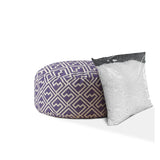 24" Purple And White Cotton Round Damask Pouf Ottoman