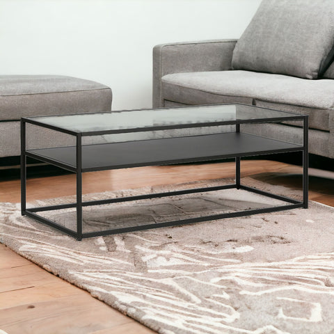 46" Black Glass And Steel Coffee Table With Shelf