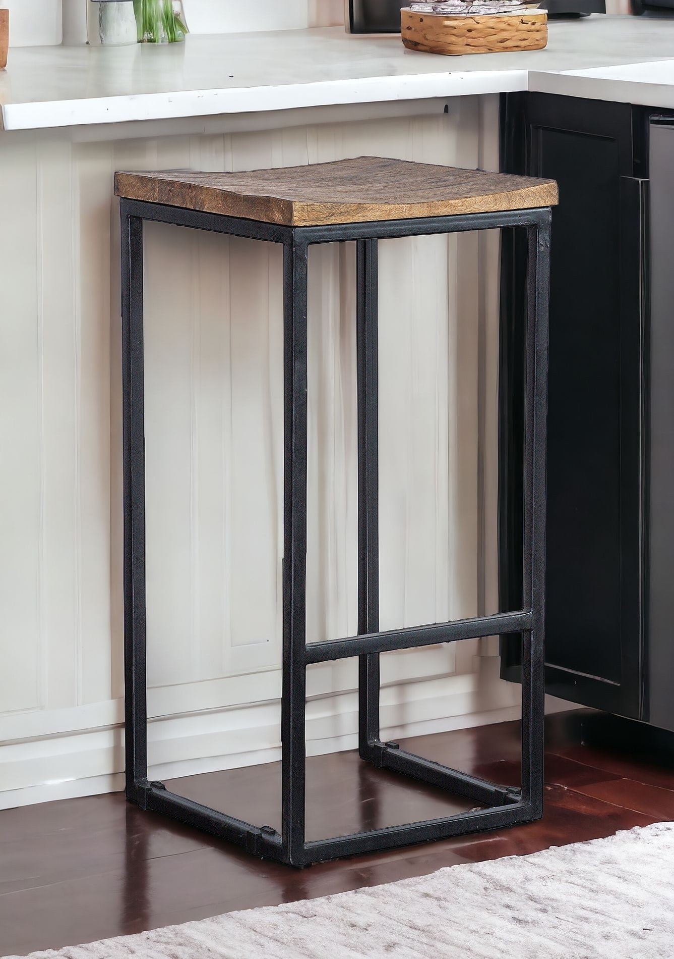 " Wood Brown And Black Iron Backless Counter Height Bar Chair