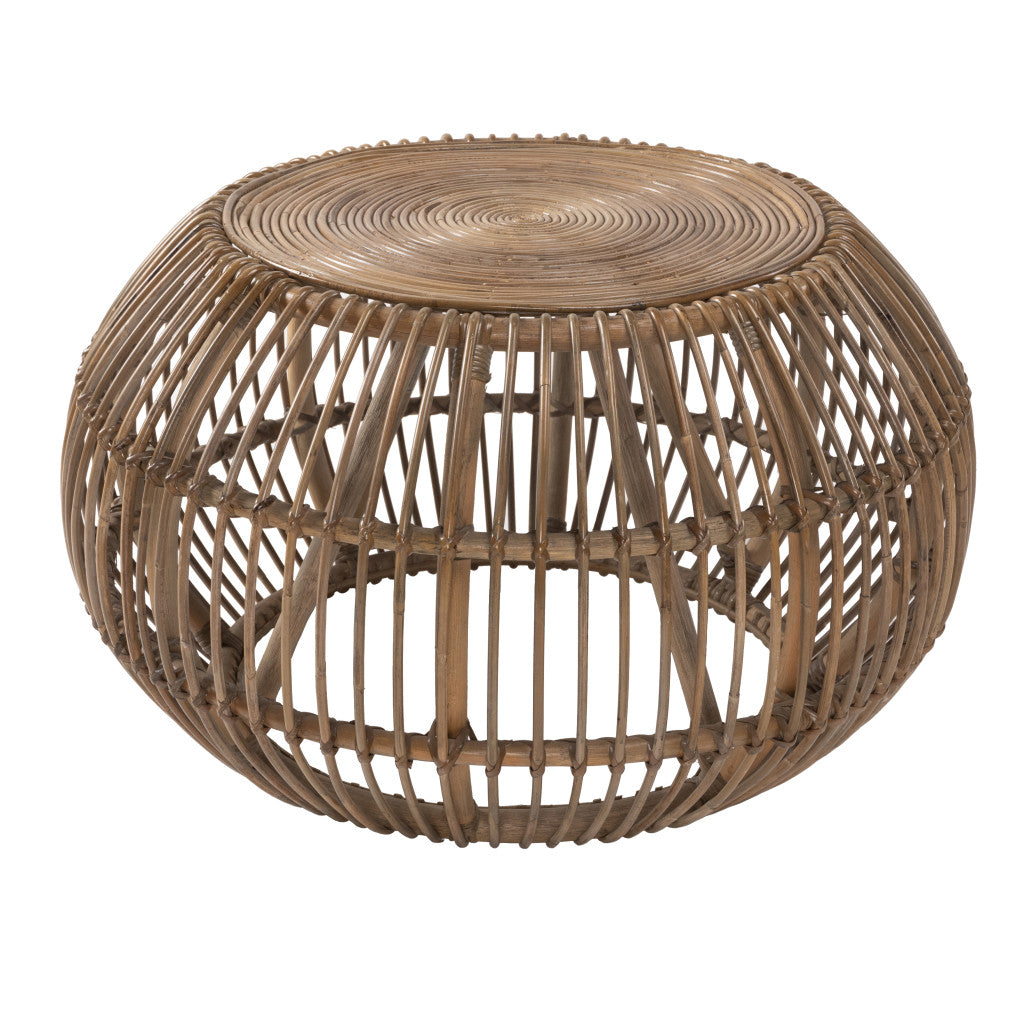 32" Natural Rattan Round Distressed Coffee Table