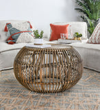 32" Natural Rattan Round Distressed Coffee Table