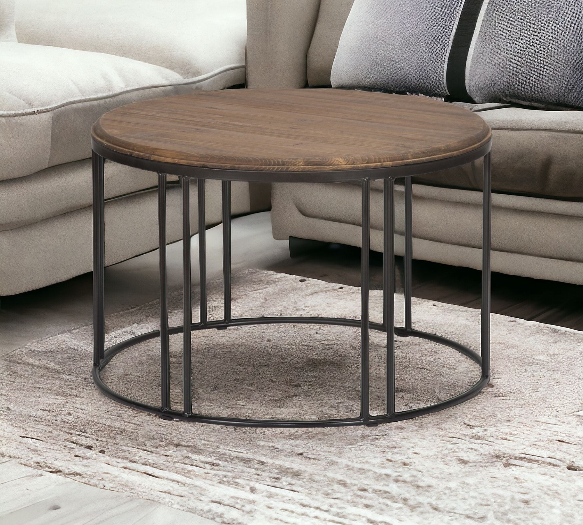 28" Brown And Black Solid Wood Round Distressed Coffee Table