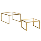 Set of Two 30" Gold Glass And Steel Square Nested Coffee Tables