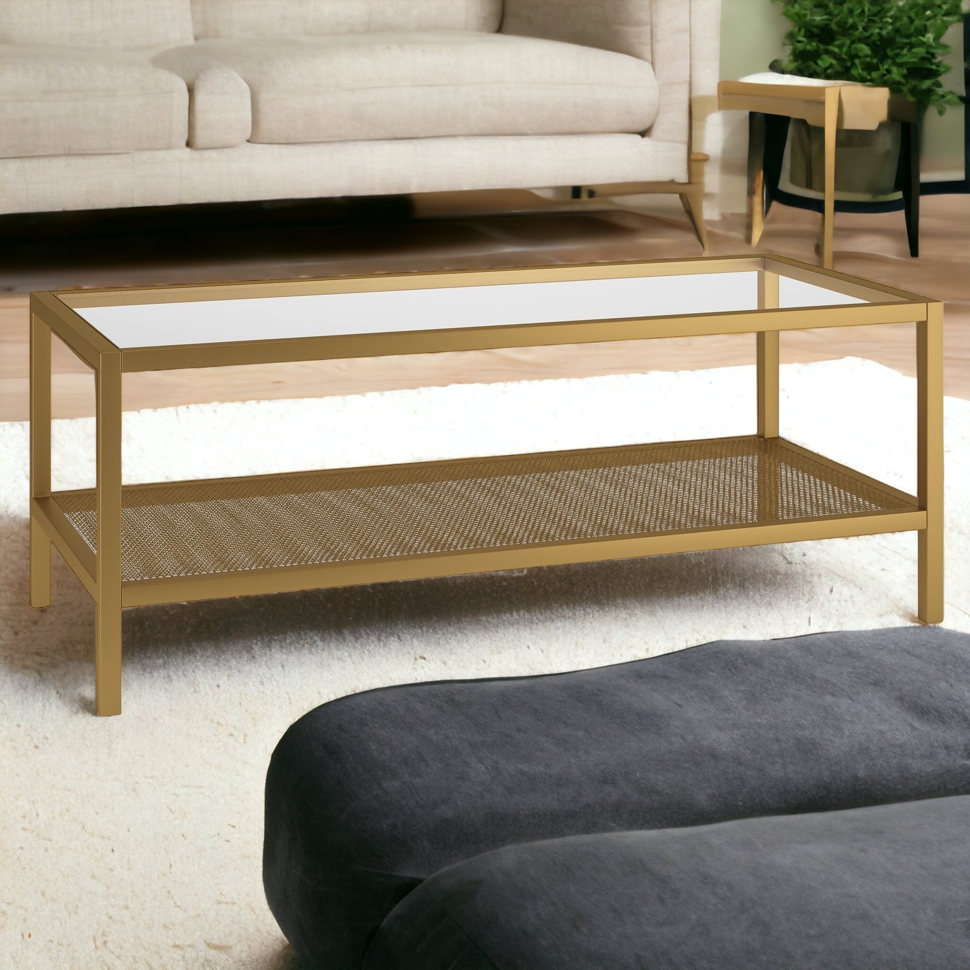 45" Gold Glass And Steel Coffee Table With Shelf