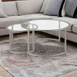 Set of Two 36" Nickel Glass And Steel Round Nested Coffee Tables