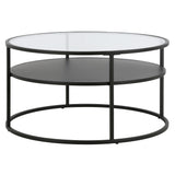 32" Black Glass And Steel Round Coffee Table With Shelf