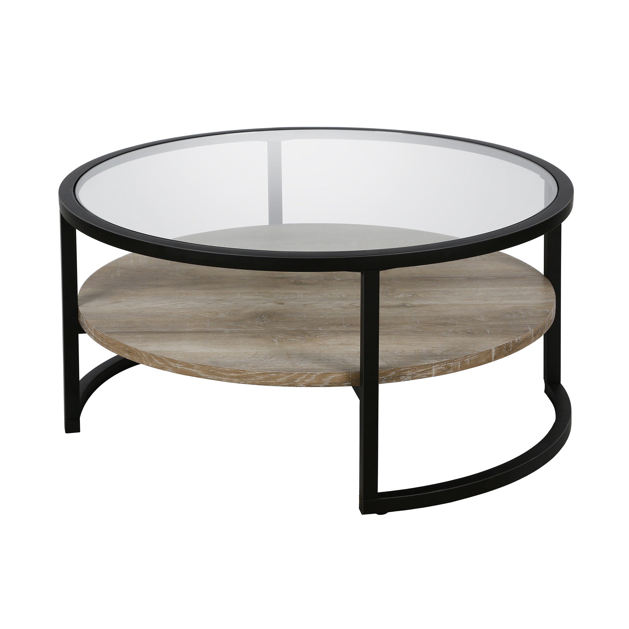 34" Black Glass And Steel Round Coffee Table With Shelf