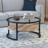 34" Black Glass And Steel Round Coffee Table With Shelf