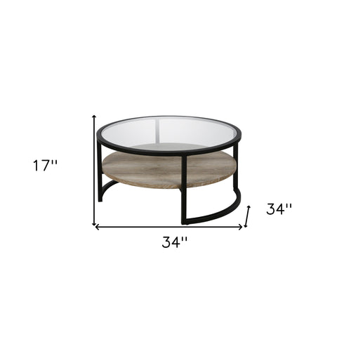 34" Black Glass And Steel Round Coffee Table With Shelf