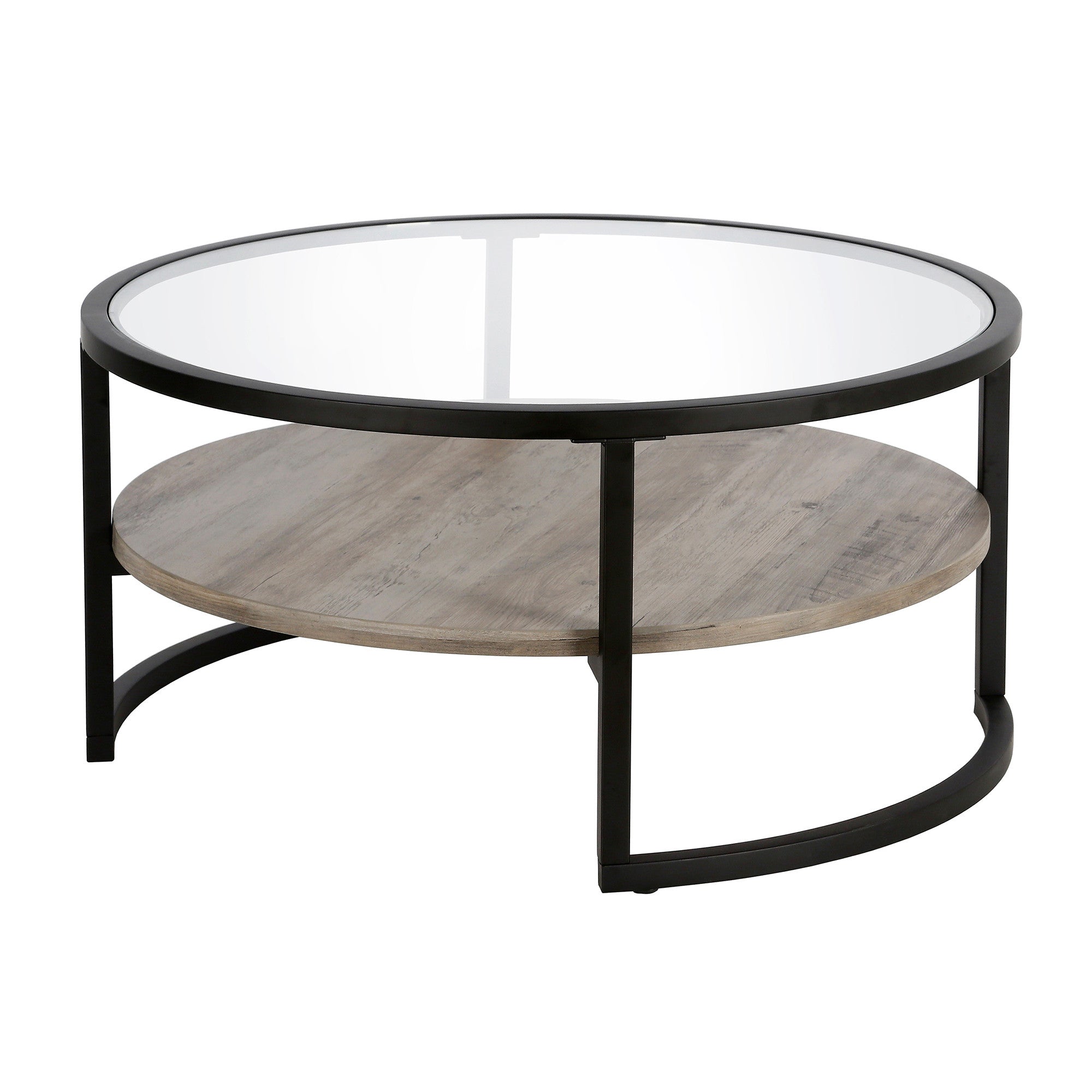 34" Black Glass And Steel Round Coffee Table With Shelf