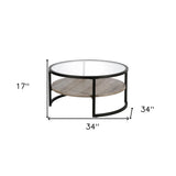 34" Black Glass And Steel Round Coffee Table With Shelf