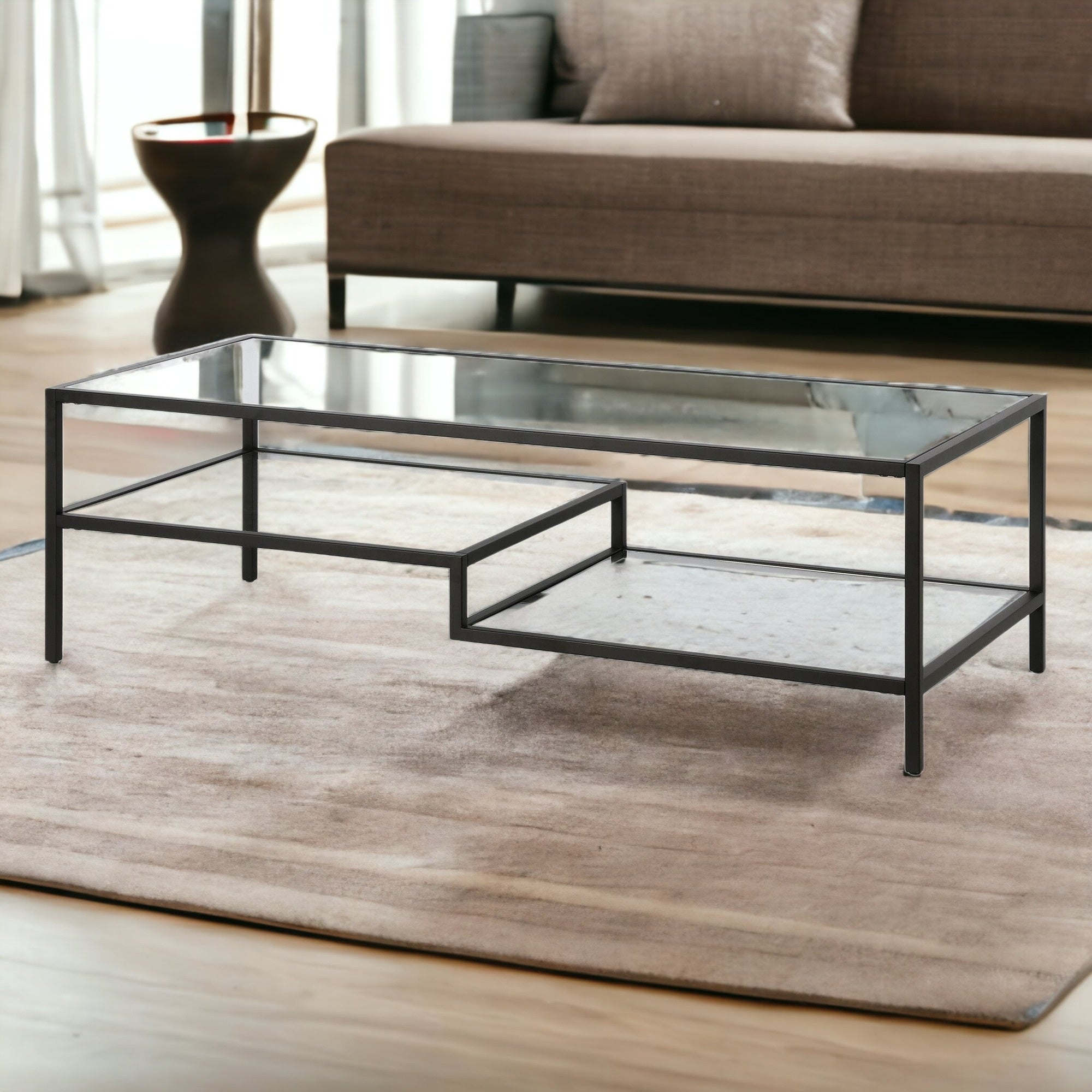 54" Black Glass And Steel Coffee Table With Two Shelves