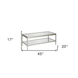 45" Clear Glass And Silver Steel Coffee Table With Shelf