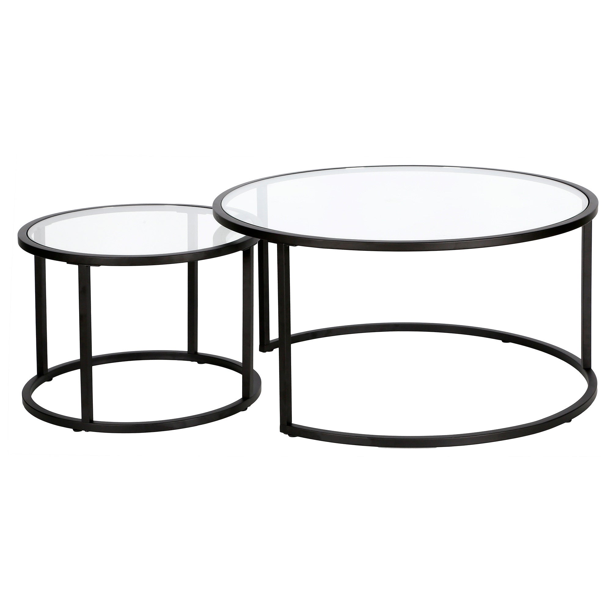 Set of Two 35" Black Glass And Steel Round Nested Coffee Tables