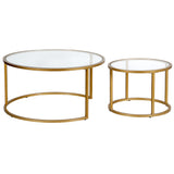 Set of Two 35" Gold Glass And Steel Round Nested Coffee Tables