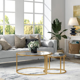 Set of Two 35" Gold Glass And Steel Round Nested Coffee Tables