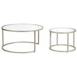 Set of Two 35" Silver Glass And Steel Round Nested Coffee Tables