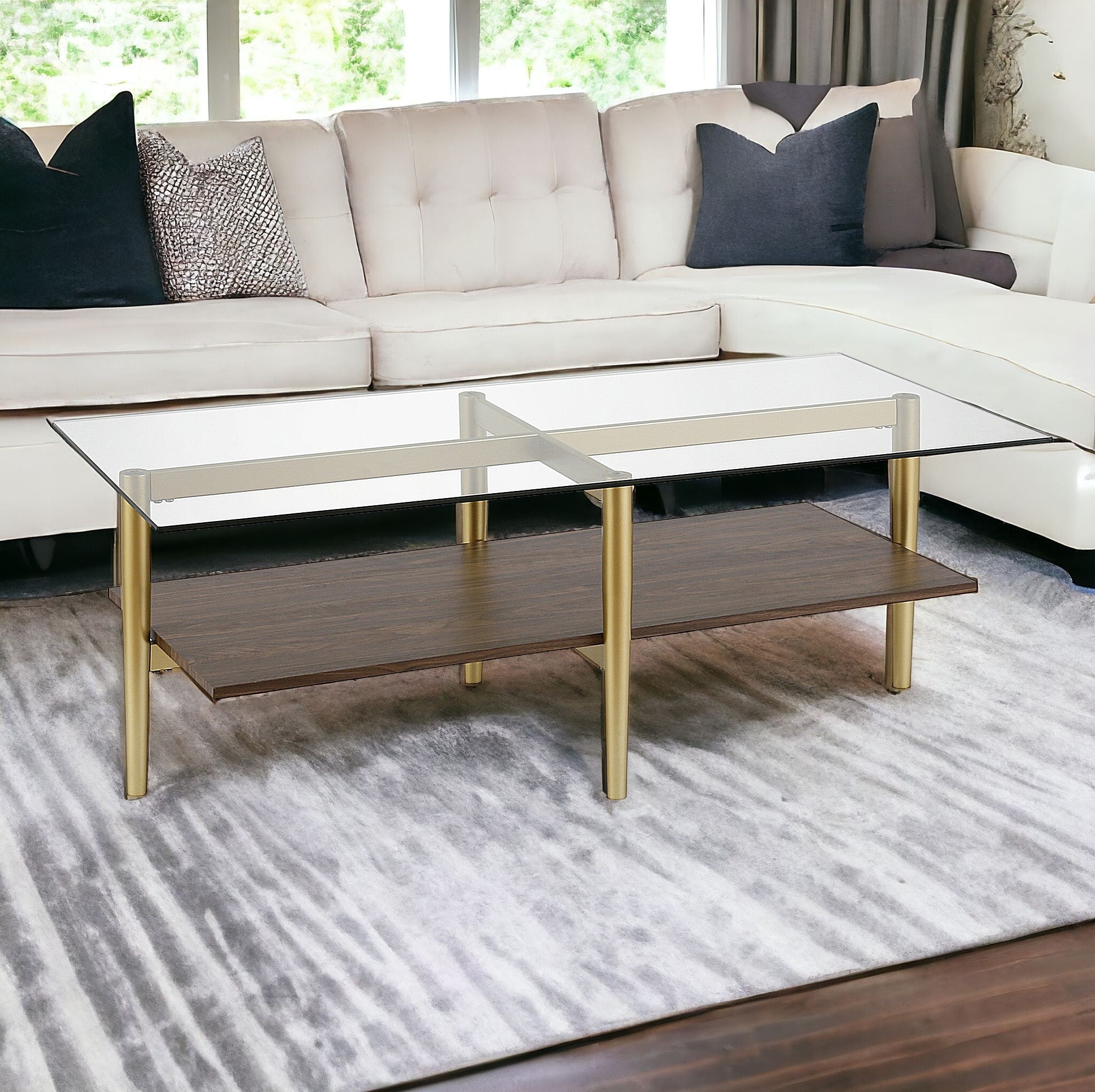 47" Gold Glass And Steel Coffee Table With Shelf