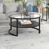 34" Black Glass And Steel Round Coffee Table With Shelf